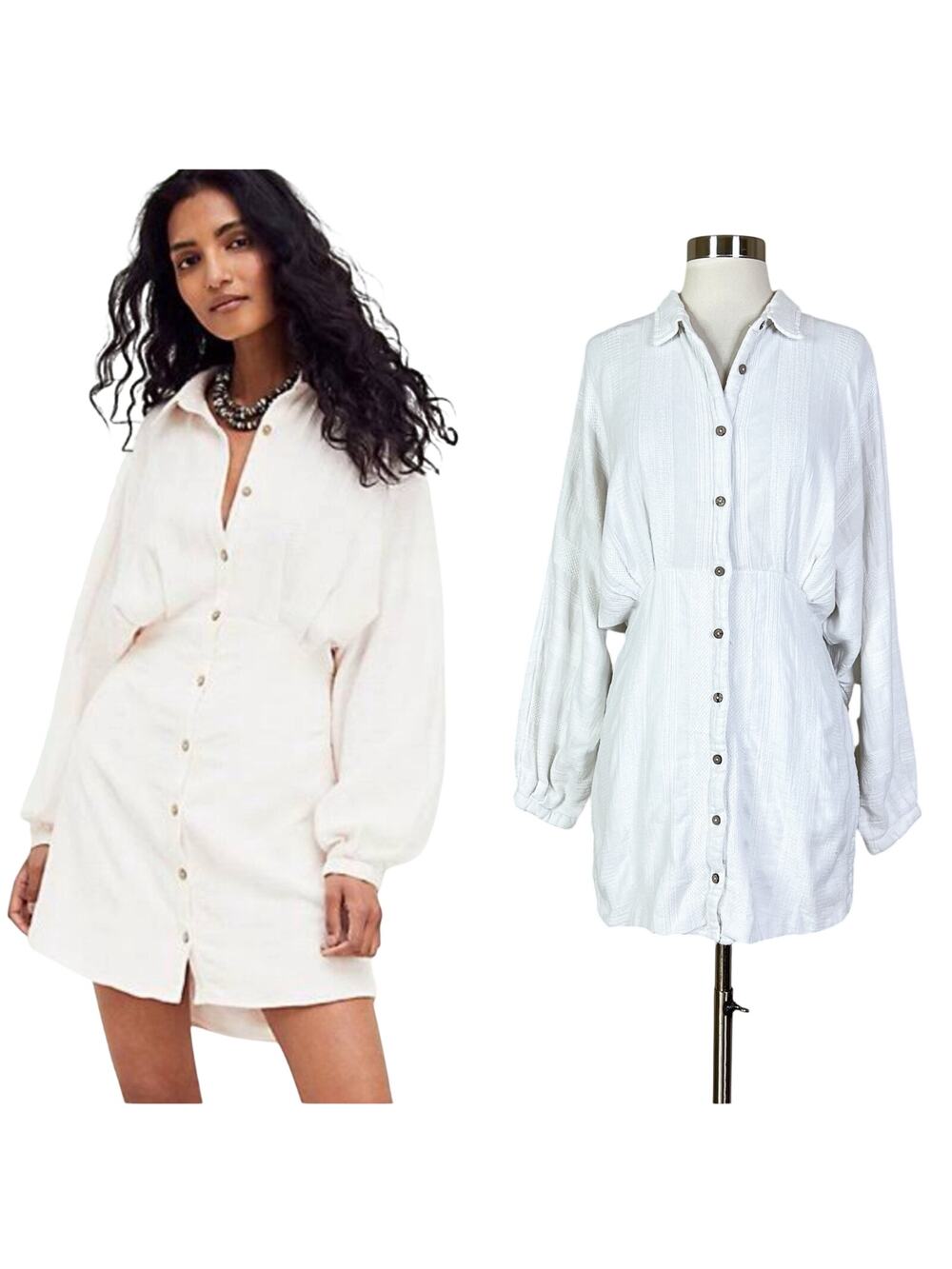 Free People | Moni White Button Cotton Shirtdress Boho Relaxed Mini Dress Medium